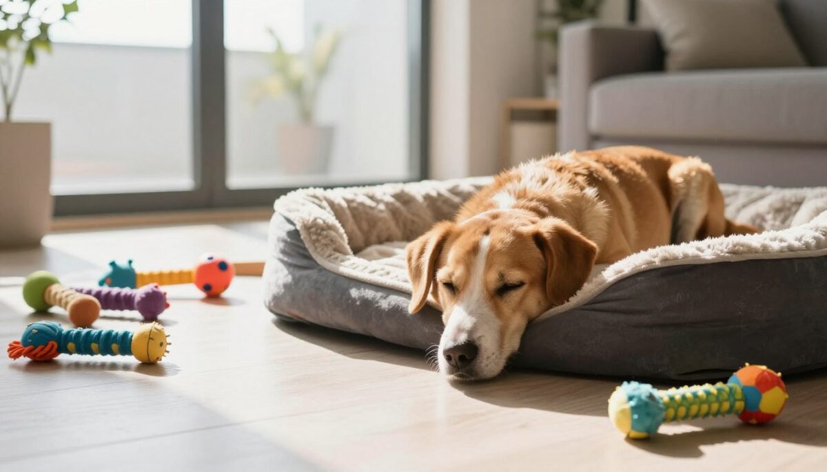 A bored dog reclining on a plush dog bed in a bright, modern living room, surrounded by colorful, unused toys scattered around. The dog's expression is one of disinterest, with its ears drooping and eyes half-closed. In the foreground, the dog's tail is resting motionless on the floor, emphasizing its lack of engagement. In the middle ground, a few neglected chew toys and a deflated ball are visible, showcasing the need for stimulating play. The background features large windows with sunlight streaming in, casting warm rays across the room, creating a cozy atmosphere. The overall mood conveys a sense of boredom and the importance of providing engaging toys for dogs, reflecting a typical indoor environment in the UAE. A bored dog reclining on a plush dog bed in a bright, modern living room, surrounded by colorful, unused toys scattered around. The dog's expression is one of disinterest, with its ears drooping and eyes half-closed. In the foreground, the dog's tail is resting motionless on the floor, emphasizing its lack of engagement. In the middle ground, a few neglected chew toys and a deflated ball are visible, showcasing the need for stimulating play. The background features large windows with sunlight streaming in, casting warm rays across the room, creating a cozy atmosphere. The overall mood conveys a sense of boredom and the importance of providing engaging toys for dogs, reflecting a typical indoor environment in the UAE.