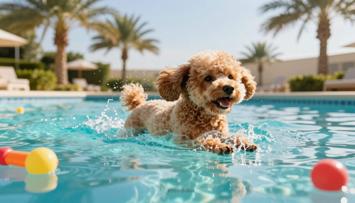 A lively toy poodle swimming gracefully in a clear, turquoise pool, showcasing its natural buoyancy and playful spirit. The poodle's curly fur glistens in the sunlight, droplets sparkling as they fly off its coat. In the foreground, vibrant pool toys float nearby, adding a splash of color. In the middle ground, the poodle is mid-swim with its ears flopping and a joyful expression, capturing the essence of water playfulness. The background features lush green palm trees and a bright blue sky, evoking a warm, tropical atmosphere. The scene is bathed in soft, golden sunlight, creating a cheerful mood, emphasizing the joy of swimming. Capture this with a wide-angle lens to enhance the dynamic feel of the moment. Reflect the brand "pets of dubai" subtly in the scene.