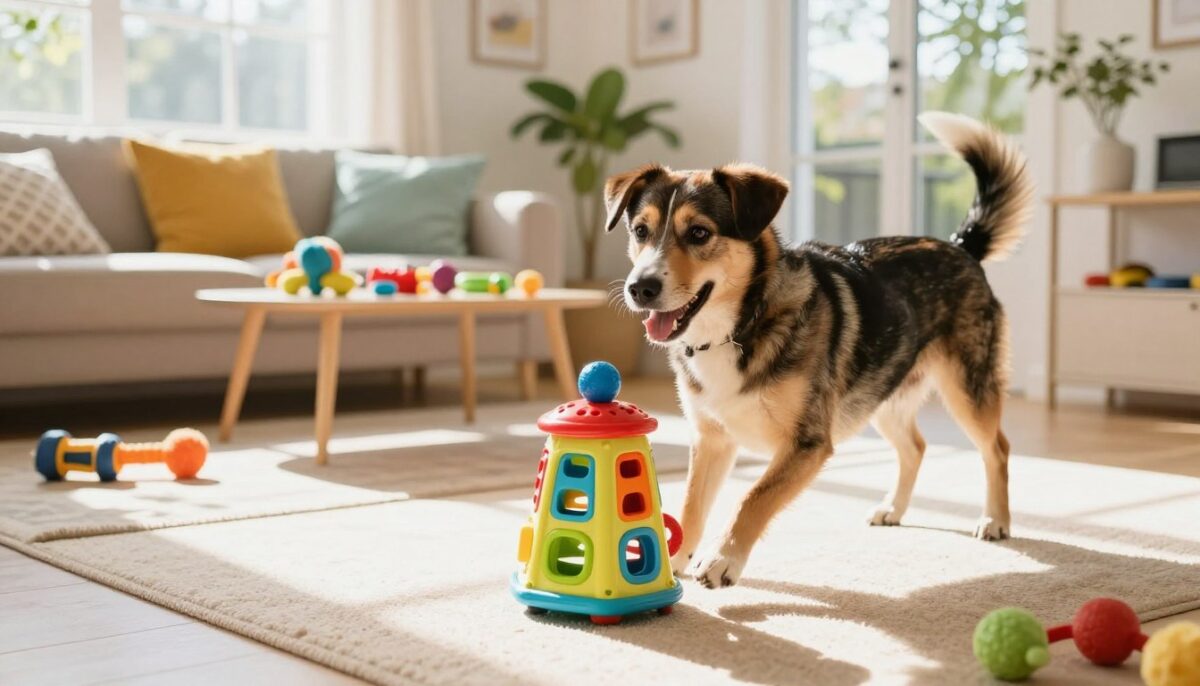 A vibrant, sunlit indoor space showcasing a happy dog enthusiastically playing with an interactive puzzle toy. In the foreground, the dog, a medium-sized breed with a shiny coat, is focused on the colorful toy, which features various compartments and moving parts designed to stimulate curiosity and engagement. The middle ground reveals a cozy living area with bright cushions and a small coffee table, adorned with additional dog toys. In the background, large windows flood the scene with natural light, highlighting cheerful decor and indoor plants. The atmosphere is lively and playful, inviting a sense of joy and engagement, capturing the essence of canine enrichment in an indoor environment. A vibrant, sunlit indoor space showcasing a happy dog enthusiastically playing with an interactive puzzle toy. In the foreground, the dog, a medium-sized breed with a shiny coat, is focused on the colorful toy, which features various compartments and moving parts designed to stimulate curiosity and engagement. The middle ground reveals a cozy living area with bright cushions and a small coffee table, adorned with additional dog toys. In the background, large windows flood the scene with natural light, highlighting cheerful decor and indoor plants. The atmosphere is lively and playful, inviting a sense of joy and engagement, capturing the essence of canine enrichment in an indoor environment.